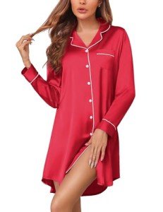 Silk Button Down Nightgown for Women - Red