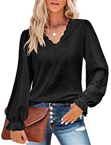 Sexy Tops for Women Long Sleeve,Misyula Classy Lace V Neck Dress Shirts Elastic Hollow Out Trendy Blouses Ladies Going Out Party Club Dating Leisure Work Shirts Fall Outfits 2023 Black L