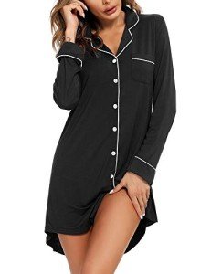 Black Long Sleeve Button Down Nightgown for Women