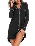 Black Long Sleeve Button Down Nightgown for Women