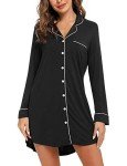 Black Long Sleeve Button Down Nightgown for Women