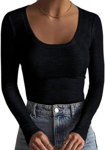 Basicspace Black Long Sleeve Shirts for Women Fall Long Sleeve Stretch Slim Round Neck Ribbed Basic Shirts(Medium，01 Black