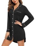 Black Long Sleeve Button Down Nightgown for Women