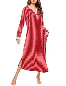 Ekouaer V Neck Loose Nightgown with Pockets