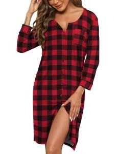 Cozy Women's Red Plaid V-Neck Nightgown