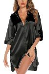 Anjue Black Satin Nightgown with 3/4 Sleeves