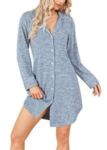 Blue Long Sleeve Button Down Nightgown for Women