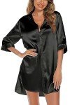 Anjue Black Satin Nightgown with 3/4 Sleeves