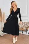 Women's Black Knit Midi Sweater Dress - V Neck