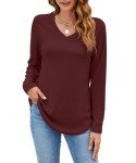 GOUCEHN Womens Long Sleeve Tops Casual V Neck Shirts Fall Blouses Tunic for Leggings Loose Fit (Burgundy, Medium)