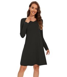 Soft Bamboo Viscose Long Sleeve Nightgown - Black