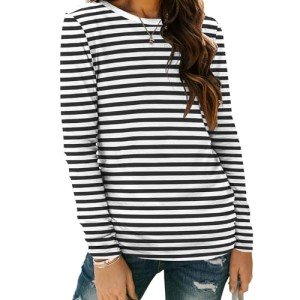 Zeagoo Long Sleeve Shirts for Women Trendy 2024 Fall Stripe Shirt Basic Clothing Casual Crewneck Tops