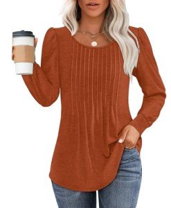 Jescakoo Womens Fall Clothing Trendy 2024 Fall Fashion Long Sleeve Tops Casual Pleated Tunic Dressy Blouses Caramel Orange M