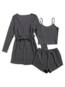 Women's 3-Piece Ribbed Lounge Pajama Set - Grey
