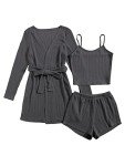 Women's 3-Piece Ribbed Lounge Pajama Set - Grey
