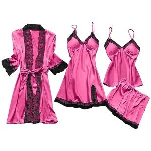 Hot Pink Lace Pajamas & Kimono Set for Women