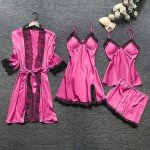 Hot Pink Lace Pajamas & Kimono Set for Women