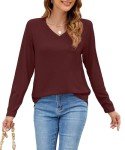 GOUCEHN Womens Long Sleeve Tops Casual V Neck Shirts Fall Blouses Tunic for Leggings Loose Fit (Burgundy, Medium)