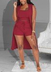 Wine Red 3-Piece Women's Crop Top & Shorts Set