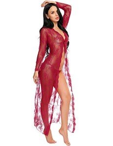 Wine Red Lace Gown and Kimono Robe Set