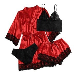 Silk Satin Lace Pajamas Set with Kimono Robe