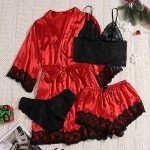 Silk Satin Lace Pajamas Set with Kimono Robe