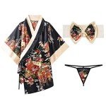 Women's Black Kimono Style Robe Yukata Pajamas