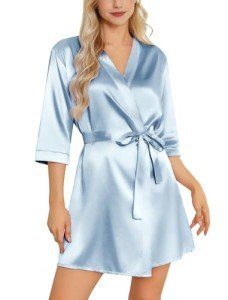 Floral Silk Summer Robe for Women - Light Blue