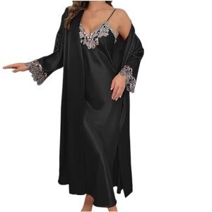 Women's Black Satin Silk Pajama Set with Kimono