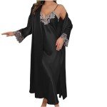 Women's Black Satin Silk Pajama Set with Kimono