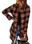 EVALESS Color Block Plaid Shacket Jacket Women Fashion 2024 V Neck Long Sleeve Button Down Blouses Tops Lightweight Flannel Shirts Jackets Cardigans Coats with Pockets Brown Medium