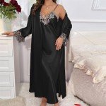 Women's Black Satin Silk Pajama Set with Kimono