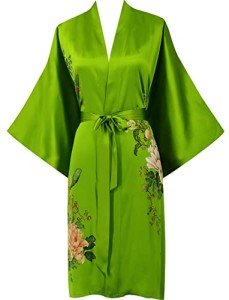 Silk Kimono Bathrobe with Peony Design - One Size