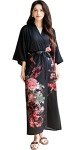 Peony Plum Black Satin Kimono Robe for Women