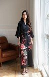 Peony Plum Black Satin Kimono Robe for Women