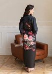 Peony Plum Black Satin Kimono Robe for Women