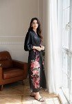 Peony Plum Black Satin Kimono Robe for Women