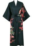 Peony Plum Black Satin Kimono Robe for Women