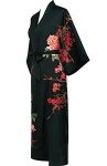 Peony Plum Black Satin Kimono Robe for Women