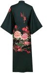 Peony Plum Black Satin Kimono Robe for Women