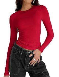 Zeagoo Women Sexy Basic T Shirts Fall Long Sleeve Shirt Crewneck Slim Fit Cute Tops Y2k Outfits Teens Girls Clothes