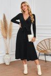 Women's Black Knit Midi Sweater Dress - V Neck