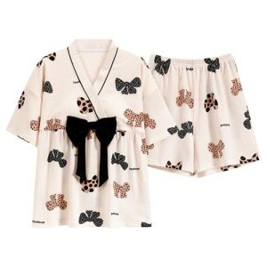 Kawaii Bow Knot Pajama Set with Kimono Collar