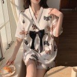 Kawaii Bow Knot Pajama Set with Kimono Collar