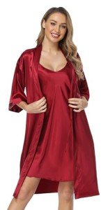 Women's Silk Pajamas Set with Satin Robe, Red 3X