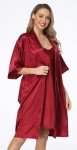 Women's Silk Pajamas Set with Satin Robe, Red 3X