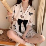 Kawaii Bow Knot Pajama Set with Kimono Collar