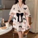 Kawaii Bow Knot Pajama Set with Kimono Collar