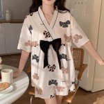 Kawaii Bow Knot Pajama Set with Kimono Collar
