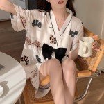 Kawaii Bow Knot Pajama Set with Kimono Collar